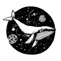 Hand-Drawn Doodle of whale flies in space . Vector Illustration - stock . Royalty Free Stock Photo
