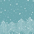 Hand Drawn Doodle White Fir Trees in Forest Snowfall Baby Blue Background. Abstract. New Year Christmas Greeting Card