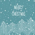 Hand Drawn Doodle White Fir Trees in Forest Snowfall Merry Christmas Hand Lettering. Baby Blue Background. Abstract. Greeting card