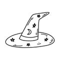 Hand drawn doodle wizard hat. Halloween cartoon element, vector sketch illustration of witch hat, line art for web design, icon,