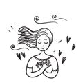 hand drawn doodle woman keep hands at heart love self illustration