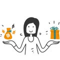 hand drawn doodle woman showing gift box and money bag illustration vector isolated Royalty Free Stock Photo