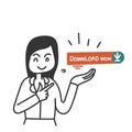 hand drawn doodle woman showing and pointing download now button illustration Royalty Free Stock Photo