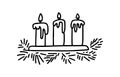Hand drawn doodle Xmas candles party background with branches of tree isolated on white. Vector outline illustration.