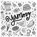 Hand drawn doodle yammy, baking, dishes and kitchenware.