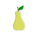 Hand drawn doodle yellow pear on stem with green leaf with offset color fill in retro style. Healthy diet autumn fruits harvest