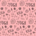 Hand drawn doodle yoga elements seamless pattern.