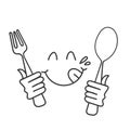 hand drawn doodle yummy face smiley icon delicious holding fork and spoon illustration