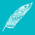 Hand drawn doodle zentangle feather from background. Blue and white illustration with different ornaments.