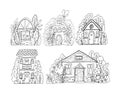 Hand drawn doodles cartoon houses set in the village. Black and white cute bulding line art vector illustration Royalty Free Stock Photo