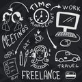 Hand drawn doodles about freelance with girl and clock