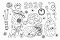 2020 hand drawn doodles horizontal illustration. Big set, New Year and Christmas objects and elements. For design Royalty Free Stock Photo