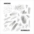 Hand drawn doodles, scribbles, arrows elements set. Vector textured brush strokes, stamp brushes
