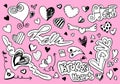 Hand drawn doodles set for Valentine`s Day. collection of beautiful hearts and writings Love on pink background. Vector