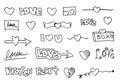 Hand drawn doodles set for Valentine`s Day. collection of beautiful hearts and writings Love. Vector illustration Royalty Free Stock Photo