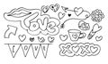 Hand drawn doodles set for Valentine`s Day. collection of beautiful hearts and writings Love. Vector illustration Royalty Free Stock Photo