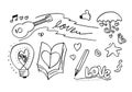 Hand drawn doodles set for Valentine`s Day. collection of beautiful hearts and writings Love. Vector illustration Royalty Free Stock Photo