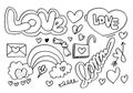 Hand drawn doodles set for Valentine`s Day. collection of beautiful hearts and writings Love. Vector illustration Royalty Free Stock Photo