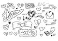 Hand drawn doodles set for Valentine`s Day. collection of beautiful hearts and writings Love. Vector illustration Royalty Free Stock Photo