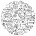 Hand-Drawn Doodles Themed Around Sweets, A Set Of Images With Cakes, Candies, And Other Sweets For Stress