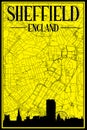 Hand-drawn downtown streets network printout map of SHEFFIELD, ENGLAND