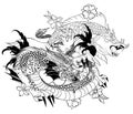 Hand drawn Dragon and koi fish with flower tattoo for Arm, Japanese carp line drawing coloring book vector image.Dragon and koi fi