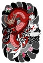 Hand drawn Dragon and koi fish with flower tattoo for Arm, Japanese carp line drawing coloring book vector image. Royalty Free Stock Photo