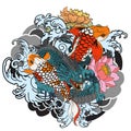 Hand drawn Dragon and koi fish with flower tattoo for Arm, Japanese carp line drawing coloring book vector image.