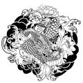 Hand drawn Dragon and koi fish with flower tattoo for Arm, Japanese carp line drawing coloring book vector image.