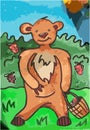 A hand-drawn drawing of a bear in the forest with a basket of raspberries. Blue sky, green bushes and grass. Royalty Free Stock Photo