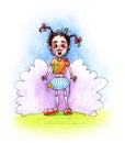 Hand-drawn drawing illustration with a funny scruffy girl with braids and dirty hands on the background of an explosion cloud Royalty Free Stock Photo