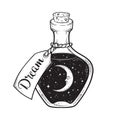 Hand drawn dream in bottle or wish jar with crescent moon and stars isolated. Sticker, print or tattoo design vector illustration. Royalty Free Stock Photo