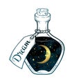 Hand drawn dream in bottle or wish jar with crescent moon and stars isolated. Sticker, print or tattoo design vector illustration. Royalty Free Stock Photo