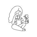 Hand drawn dreamy girl with a butterfly on a drink. Goblincore style. Vector illustration in doodle style. Isolated on a white