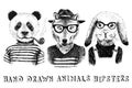 Hand drawn dressed up animals in hipster style