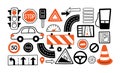 Hand drawn drive symbols set. Cars, road objects, traffic sign and automobile symbols in doodle style. Vector Royalty Free Stock Photo