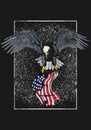 Hand drawn of eagle holding colorful american flag isolated on black background. Sketch of eagle holding american flag for symbol Royalty Free Stock Photo