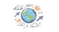 Hand drawn earth with arrows clouds and sun on a white background .ai generate Royalty Free Stock Photo