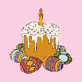 Hand Drawn Easter Cake with Candle, and Eggs Royalty Free Stock Photo