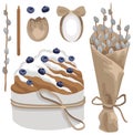 Hand-drawn Easter cake or cruffin, candle, Easter egg with a bow, blueberry and pussy willow branches collection Royalty Free Stock Photo