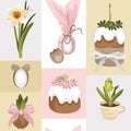 Hand-drawn Easter cakes seamless pattern with teacup potted flower and blooming daffodil, flower bulb with a bow and Easter eggs Royalty Free Stock Photo