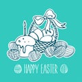 Hand drawn Easter doodle postcard. Eggs in basket. Holiday symbols. Vector illustration.