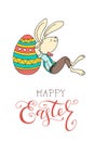 Hand drawn Easter eggs, fun rabbit, and handwritten text. Happy Royalty Free Stock Photo