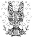 Hand drawn Easter Rabbit with gift and hearts in doodle, pattern Royalty Free Stock Photo