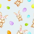 Hand drawn easter seamless pattern with easter eggs, easter bunny.