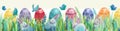 Hand drawn Easter watercolor seamless banner, border with Easter multicolored colorful eggs, rabbits, fresh green spring grass and