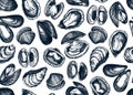 Hand drawn edible marine mollusks seamless pattern. Vector package, banner, flyer, menu, recipes design with realistic seafood