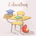 Hand Drawn Education Concept with Desk and Books Royalty Free Stock Photo