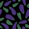 Hand drawn eggplants seamless pattern on black background