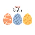 Hand drawn eggs with abstract ornament and text Happy Easter.
